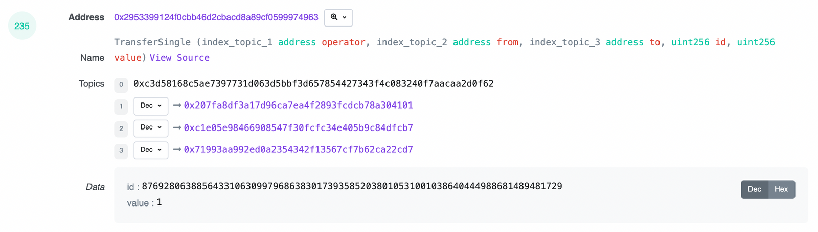 Log TransferSingle() ><